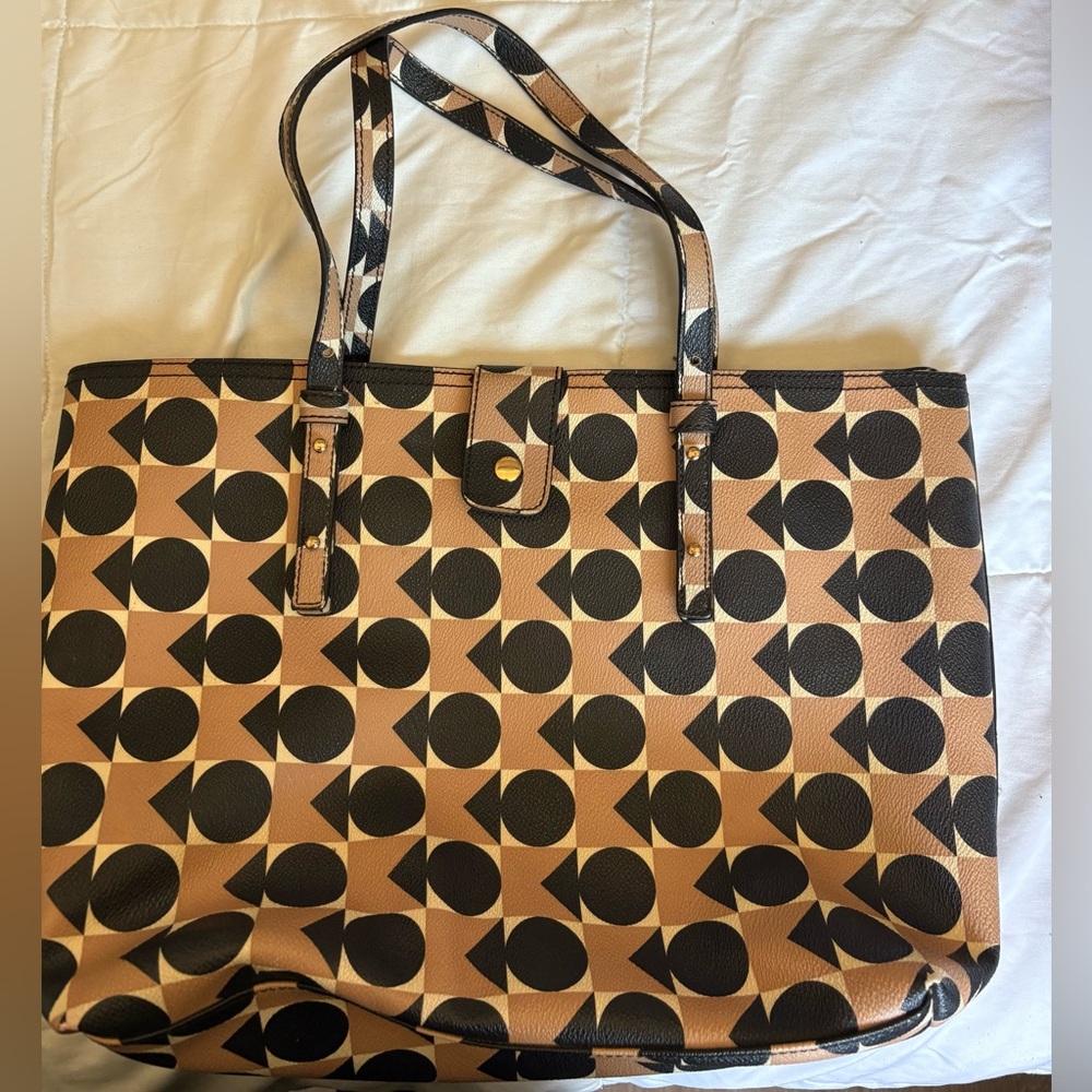 Orla Kiely Black and Tan Geometric Pattern Shoulder Tote
